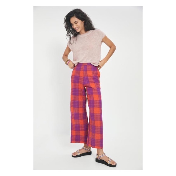 Eva Franco Pants - Eva Franco Anthropologie Plaid Pink & Purple Wide Leg Linen Pants